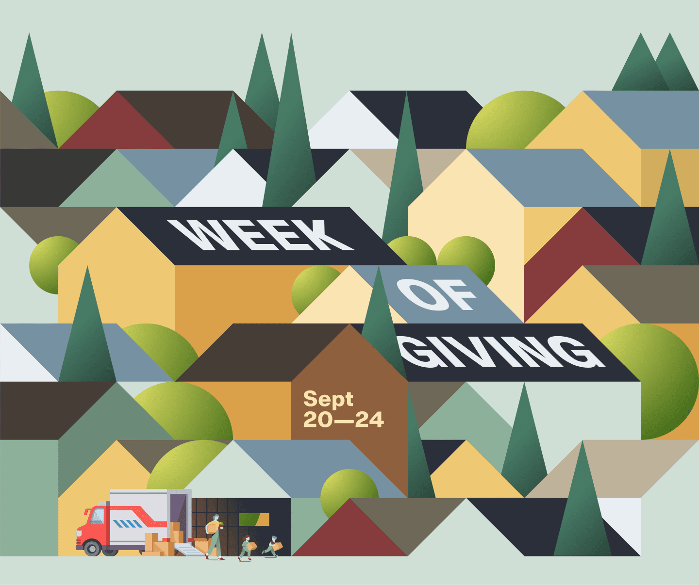 A geometric illustration of a hilly neighborhood with houses and trees